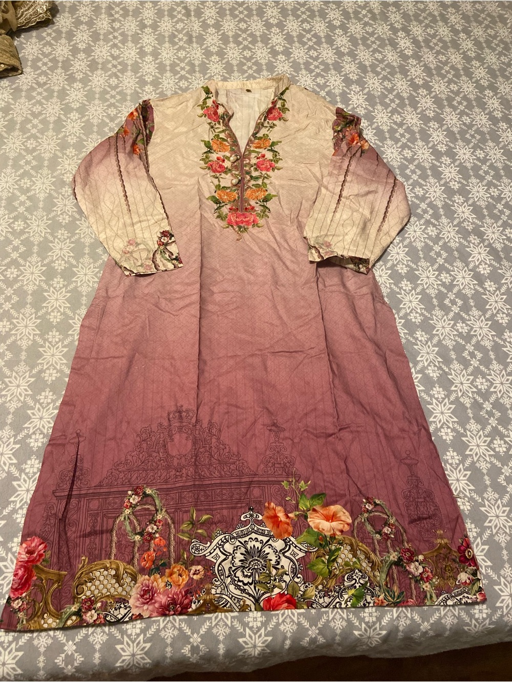 Floral Print Embroidered Purple Creme Ombre Women’s Long Kameez Tunic Size M(38)